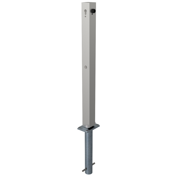 Stainless steel post | 70 x 70 mm | foldable, self-engaging lockfor casting in concrete, with hot-dip galvanized groundsocket part-no. 470.60, approx. 400 mm below ground | with Euro profile cylinder lock and three keys | without eyelet